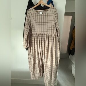 Son de Flor Long Sleeve Smock Dress L-XL Latte Grid